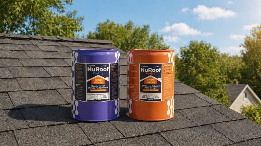 NuRoof Fortify and NuRoof Revive product containers showing roof age applications and warranty terms