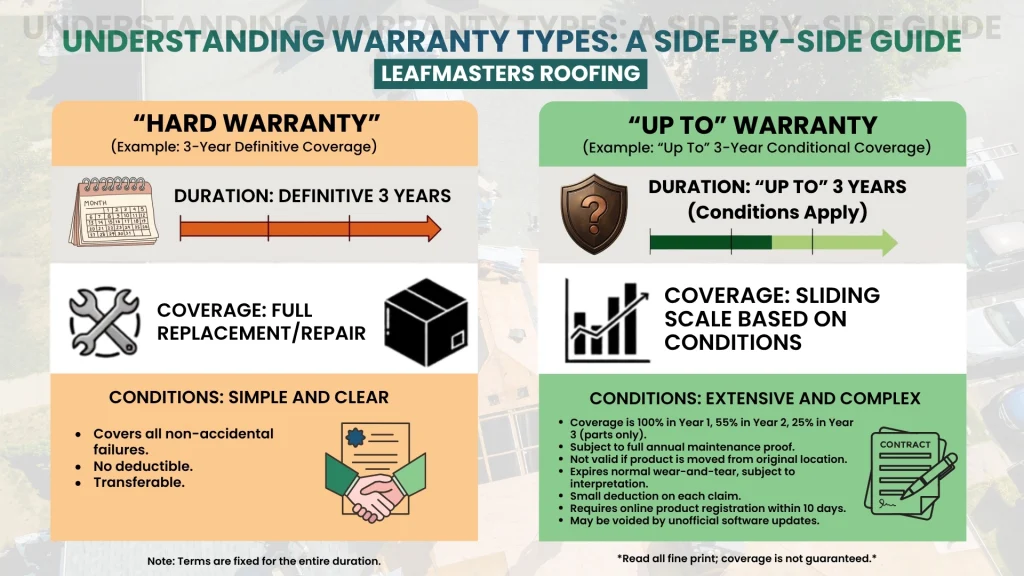 Visual comparison of a hard roofing warranty versus an up to warranty, showing the difference in guaranteed duration and conditional clauses.
