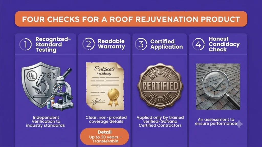 Four checks for a roof rejuvenation product: recognized-standard testing, readable warranty, certified application, honest candidacy check