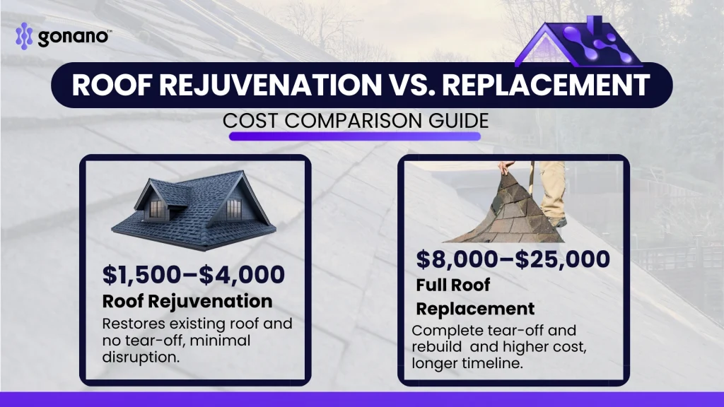 Cost comparison of roof rejuvenation versus a $8,000 to $25,000 full roof replacement