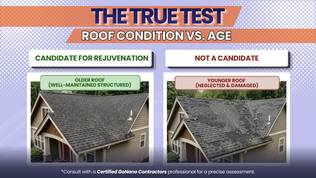Comparison showing a well-maintained older roof that qualifies versus a neglected younger roof that doesn't