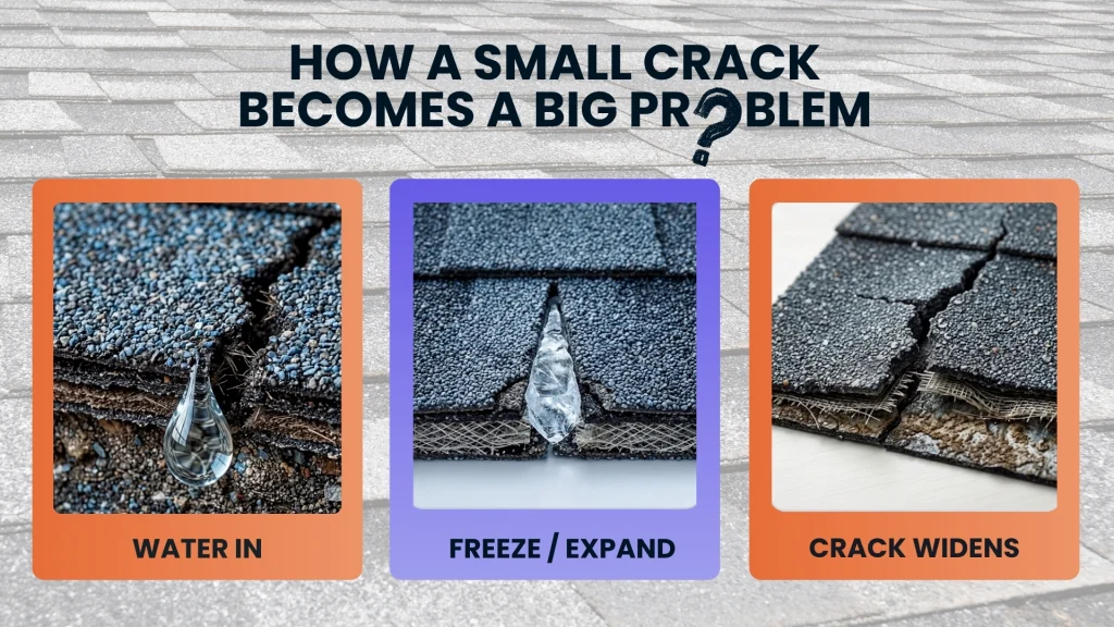 Three-step diagram of freeze-thaw damage: water enters a shingle crack, freezes and expands, then the crack widens