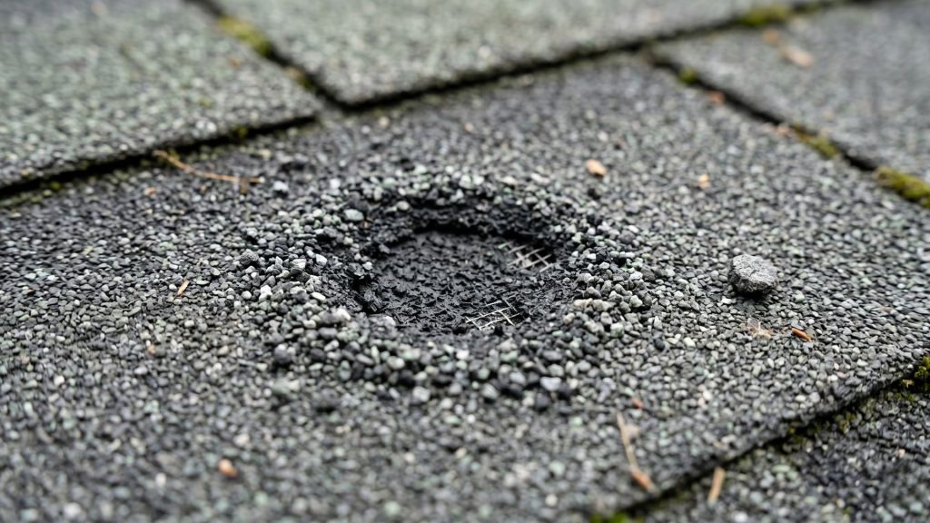 Hail bruise on an asphalt shingle showing granule displacement at the impact point