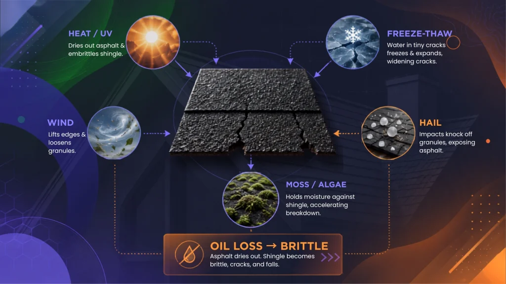 Diagram of how heat, freeze-thaw, UV, wind, hail, and moss each age an asphalt shingle